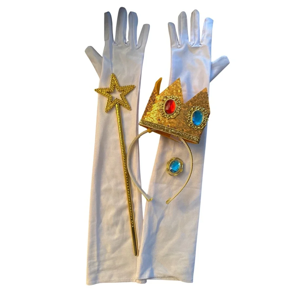 Princess Costume Accessory Set White Gloves Gold Glitter Crown Wand Brooch
